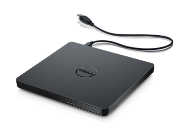 A Dell USB Slim DVD Drive on a dark gray                                                 background.