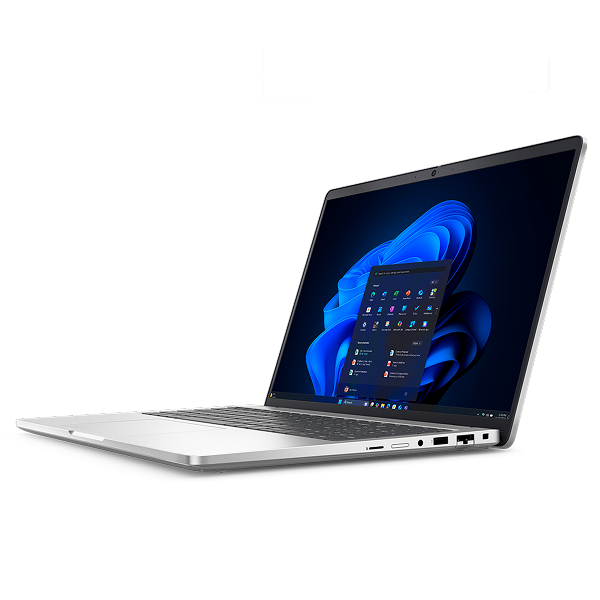 A Dell laptop computer on a dark gray background.