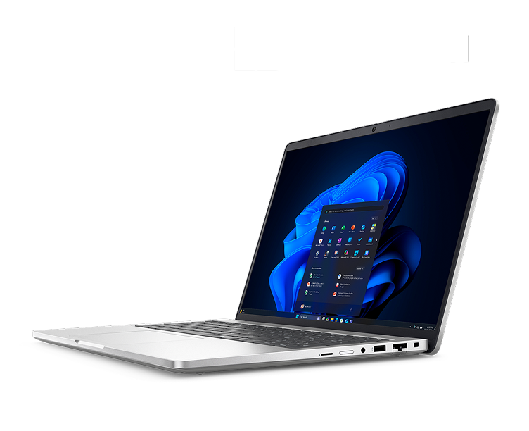 A Dell laptop computer on a dark gray background.