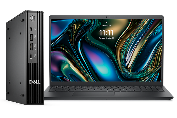 Dell Pro Micro Desktop and Dell 15 Laptop computers on a dark                                     gray background.