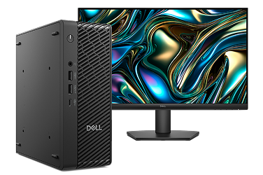 A Dell Pro Max Micro Desktop computer next to a                                     Dell 24 Monitor on a dark gray background.