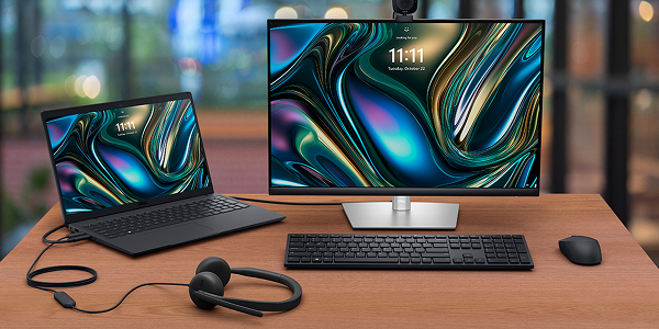 A Dell laptop computer, monitor, headset, wireless keyboard                               and mouse on an office desk.