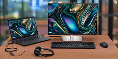 A Dell laptop computer, monitor, headset, wireless                               keyboard and mouse on an office desk.