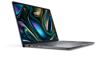 Side view of a Dell laptop computer on a dark gray                                                 background.