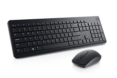 Dell keyboard and mouse on a dark gray                                                 background.