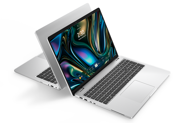 Two Dell Pro 16 Plus Laptop computers sitting back-to-back on a dark gray background.