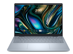A Dell laptop computer on a dark gray background.