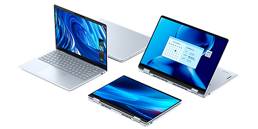 Four Dell Plus 2-in-1 touch laptops in a variety of configurations including standard, tablet and easel modes.