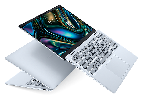 Two Dell 14 Plus Laptops on a gray background.