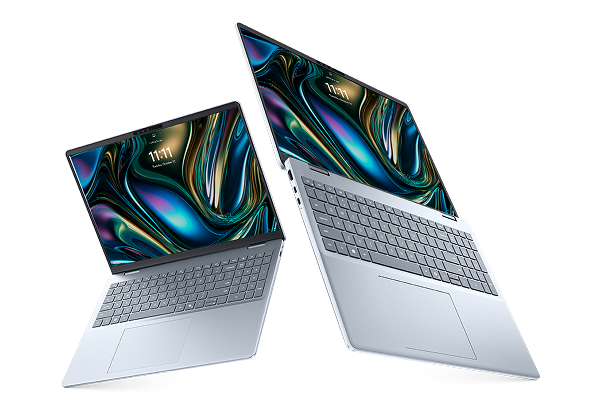 Two Dell 16 Plus Laptops on a gray background.