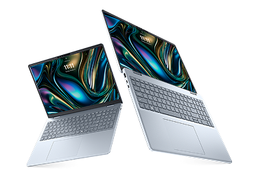 Two Dell 16 Plus Laptops on a gray background.