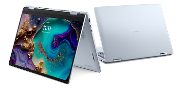A Dell 14 Plus 2-in-1 touch computer shown in tent mode and laptop mode.