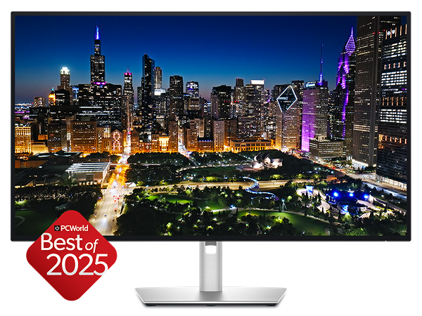 A visually stunning image on a Dell UltraSharp 32 4K monitor and an award label: PCWorld Best of 2025.