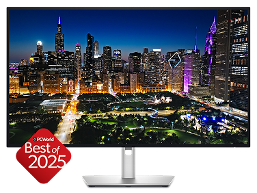 A visually stunning image on a Dell UltraSharp 32 4K monitor and an award label: PCWorld Best of 2025.