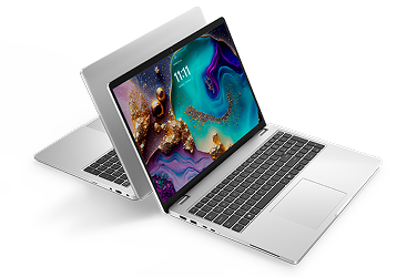 Two Dell Pro 16 Plus AI laptop computers sitting back to back.
