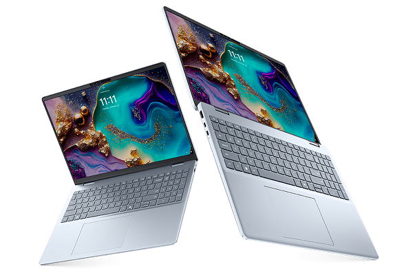 Two Dell 16 Plus laptop computers floating in midair.