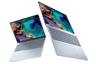 Two Dell 16 Plus laptop computers floating in midair.