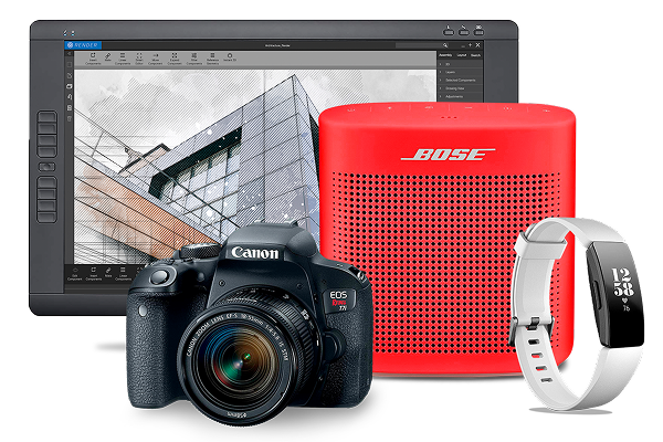 A group of electronic devices, including Wacom tablet, a Nikon digital camera, a Bose speaker and a smart watch.