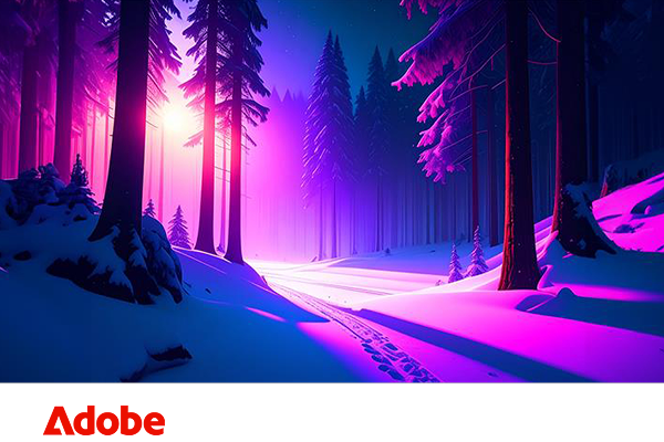 An illustrated scene of a winter forest created with Adobe software.