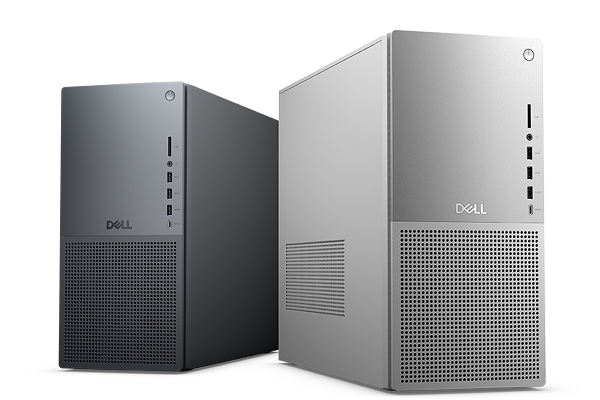 Two Dell Tower Plus Desktops. The light gray tower is in the forefront, while the dark gray is behind it.