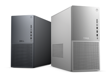 Two Dell Tower Plus Desktops. The light gray tower is in the forefront, while the dark gray is behind it.