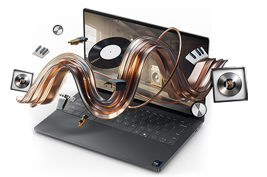 A Dell XPS laptop computer with a variety of creative digital media flowing out of it.