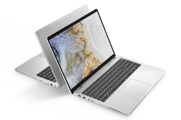 Two Dell Pro 16 Laptop computers arranged back-to-back on a gray background. 