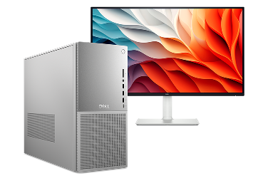 A Dell Tower Plus Desktop next to a Dell 27 Plus 4K Monitor.