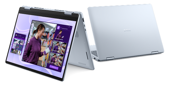 An easel view and rear view of a Dell 14 Plus 2-in-1 touch laptop.