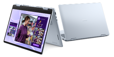 An easel view and rear view of a Dell 14 Plus 2-in-1 touch laptop.