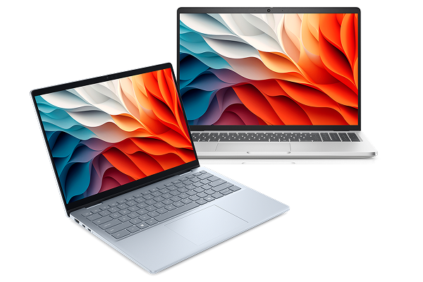 A Dell 14 Plus Laptop next to a Dell Pro 16 Pro Laptop.