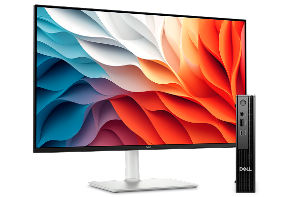 A Dell 27 Plus QHD Monitor next to a Dell Pro Micro Desktop computer.