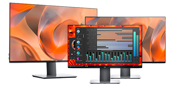 Three Dell UltraSharp monitors of various sizes with visually stunning graphics.