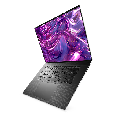 A Dell laptop computer suspended in midair.