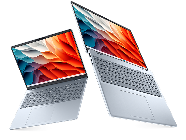 Two Dell 16 Plus Laptop computers in midair.
