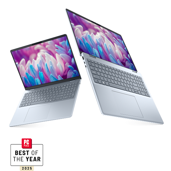Two Dell 16 Plus Laptop computers and a PCMag 2025 Best of the Year logo.