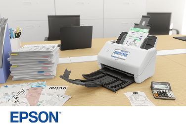 An Epson® RapidReceipt® RR-600W Scanner on a desk surrounded by receipts.