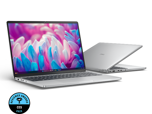 Two Dell laptop computers and a “Reviewed Awards at CES 2025” logo.