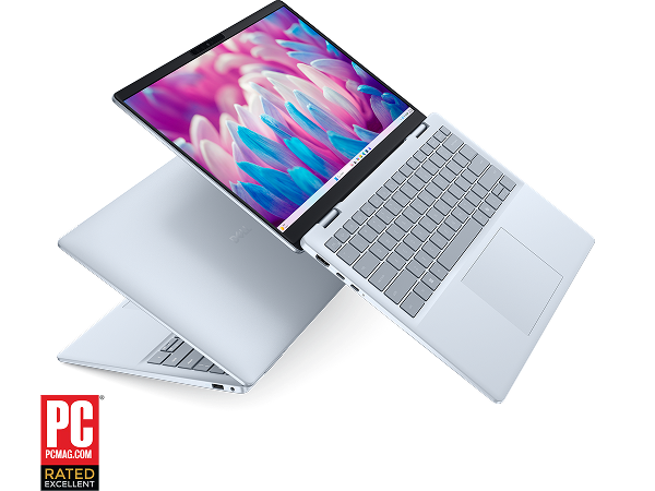 Two Dell 14 Plus Laptop computers and a “PCMag Rated Excellent” logo.