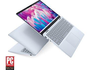 Two Dell 14 Plus Laptop computers and a “PCMag Rated Excellent” logo.