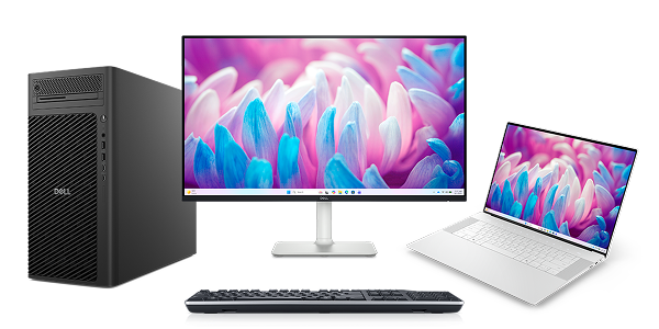 A Dell desktop computer, monitor, wireless keyboard and laptop computer.