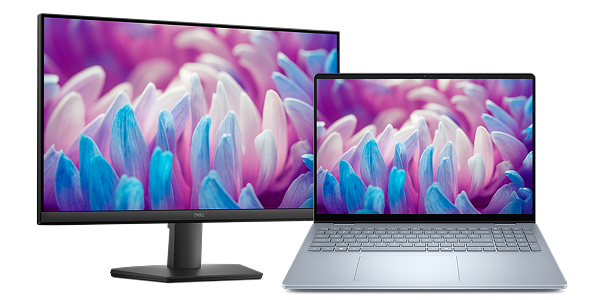 A Dell 24 Monitor next to a Dell 16 Plus Laptop computer.