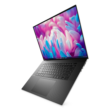A Dell laptop computer suspended in midair.