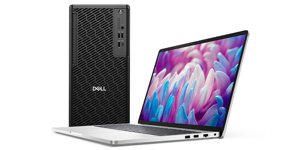 A Dell Pro Precision Desktop computer next to a Dell Pro 16 Laptop computer.