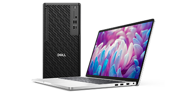 A Dell Pro Precision Desktop computer next to a Dell Pro 16 Laptop computer.