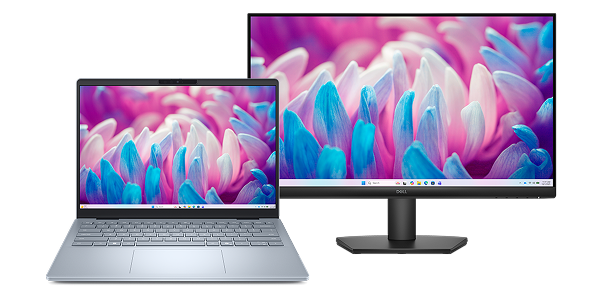 A Dell 24 Monitor next to a Dell 14 Plus Laptop computer.