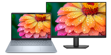 A Dell 14 Plus Laptop computer next to a Dell 24 Monitor.