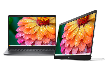 A Dell Pro 14 Laptop computer next to a Dell Pro 14 Plus Portable Monitor.
