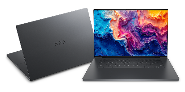 Two XPS 16 Laptop computers placed at dynamic angles next to each other.