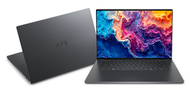 Two XPS 16 Laptop computers placed at dynamic angles next to each other.